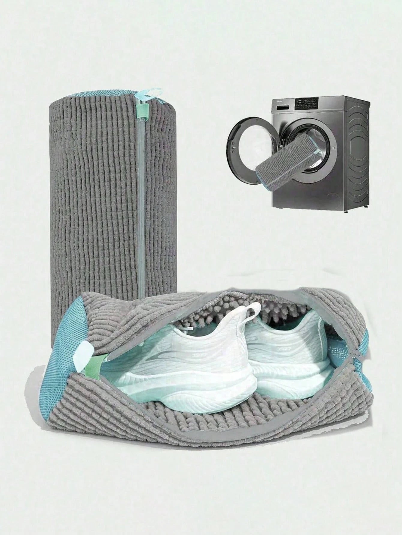 Baskets blanches impeccables après lavage en machine avec le sac CleanKicks™
